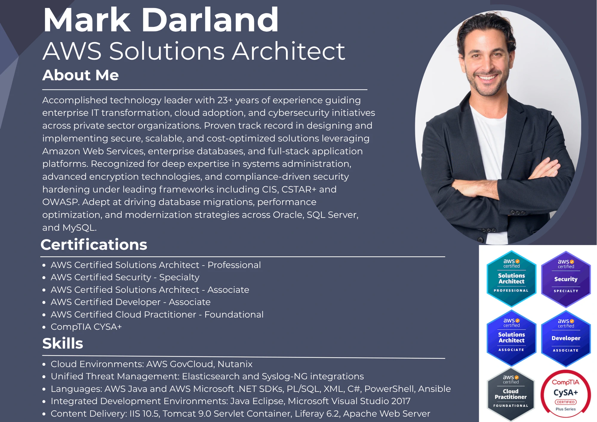 Mark Darland technology risk assessment professional resume featuring AWS certifications and skills